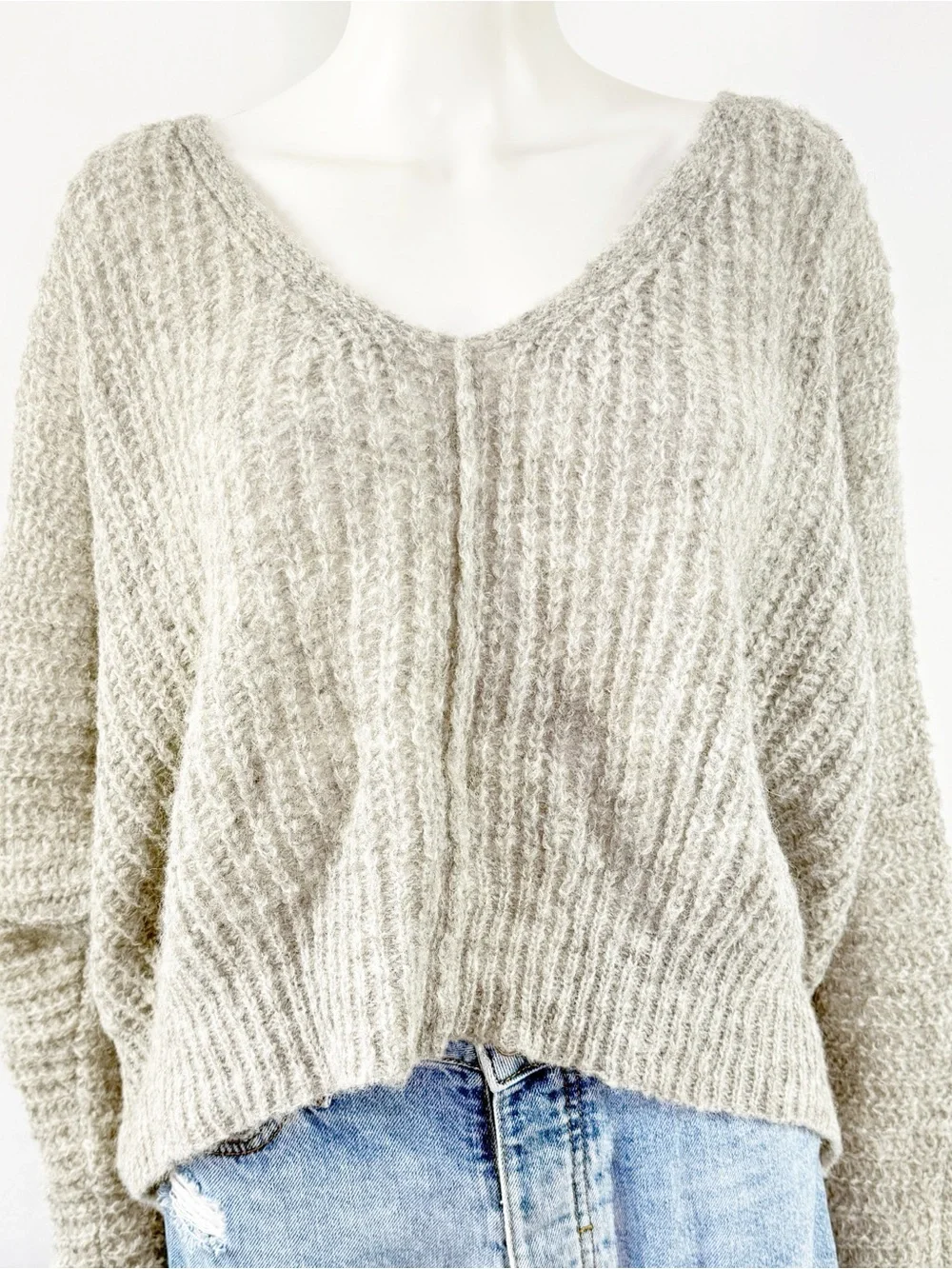Free People Gray Oversized Knit Sweater Slouchy V Neck Cozy Boho Size M